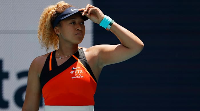 Naomi Osaka (JPN) reacts after missing a shot against Iga Swiatek (POL)(not pictured) in the women’s singles final in the Miami Open at Hard Rock Stadium.